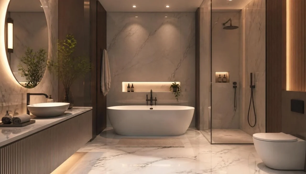 Freestanding bathtub and modern fixtures in a luxury bathroom