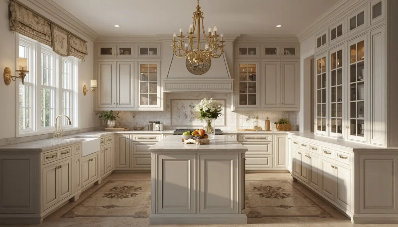 Traditional kitchen interior featuring wooden cabinets, marble countertops, and classic lighting in a Dubai home
