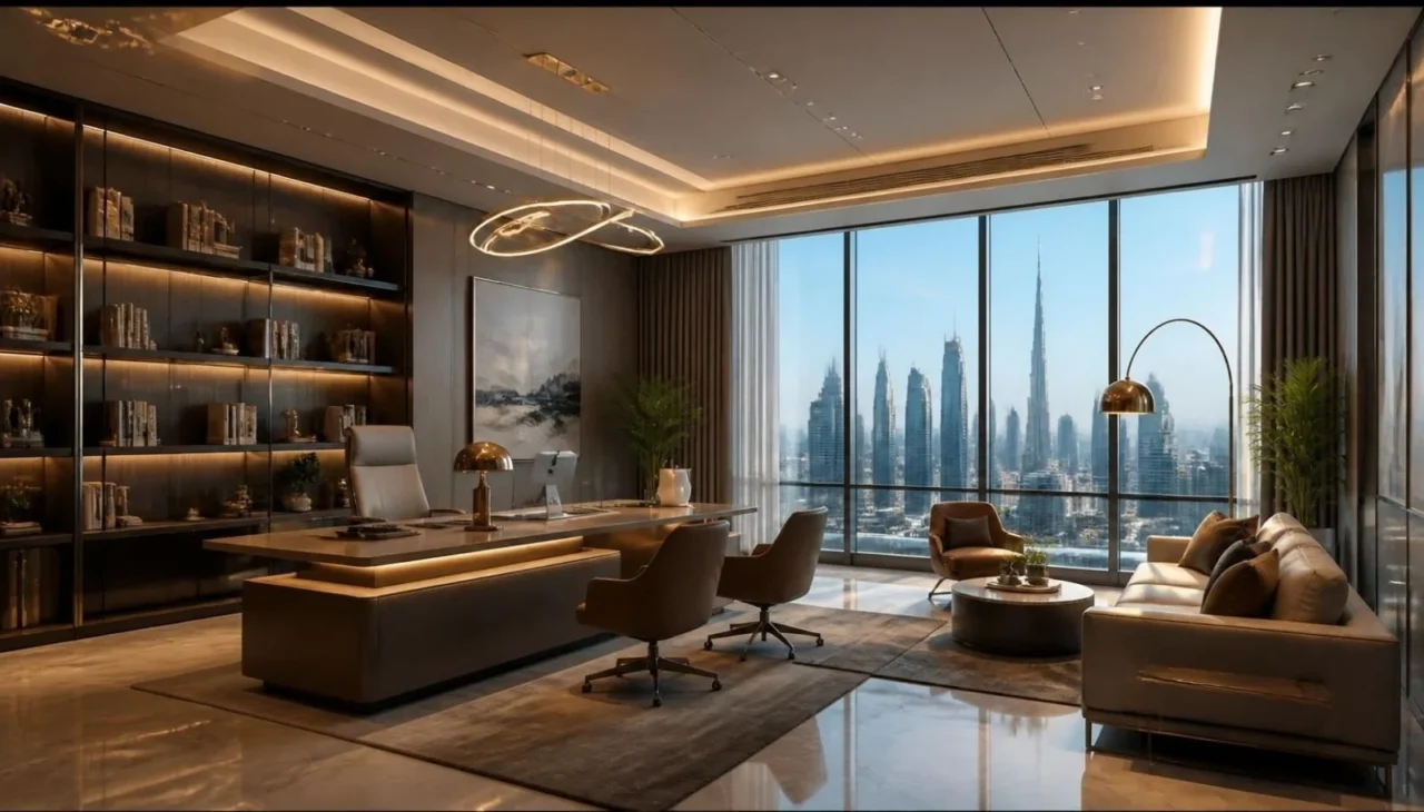 Modern office interior with layered lighting for a comfortable workspace