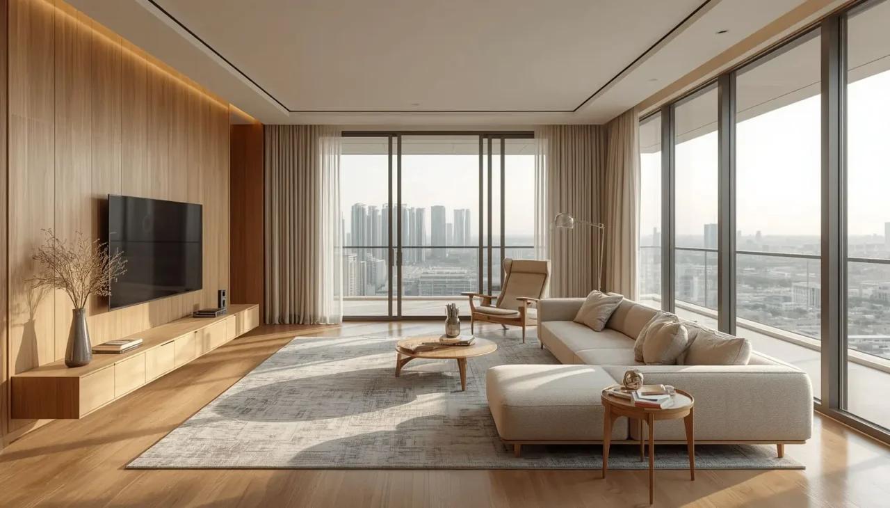 Modern Japandi living room in a Dubai home with natural wood furniture and neutral decor