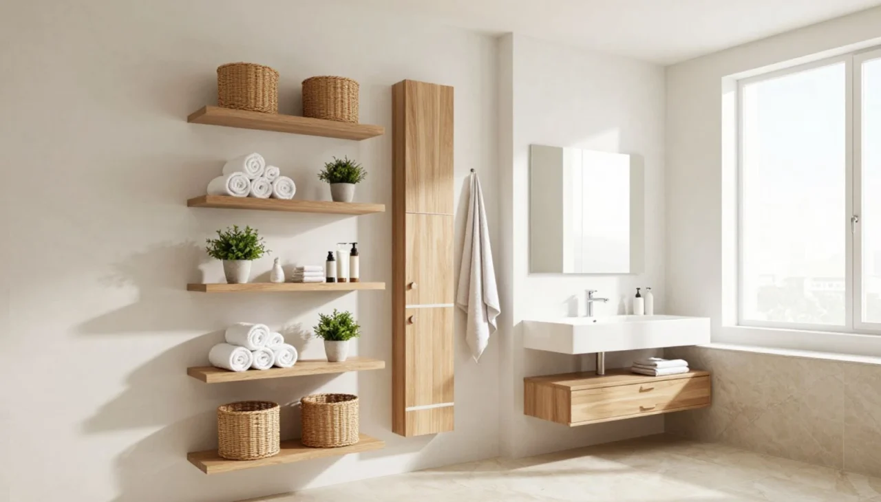 Minimalist bathroom decor with indoor plants and woven baskets