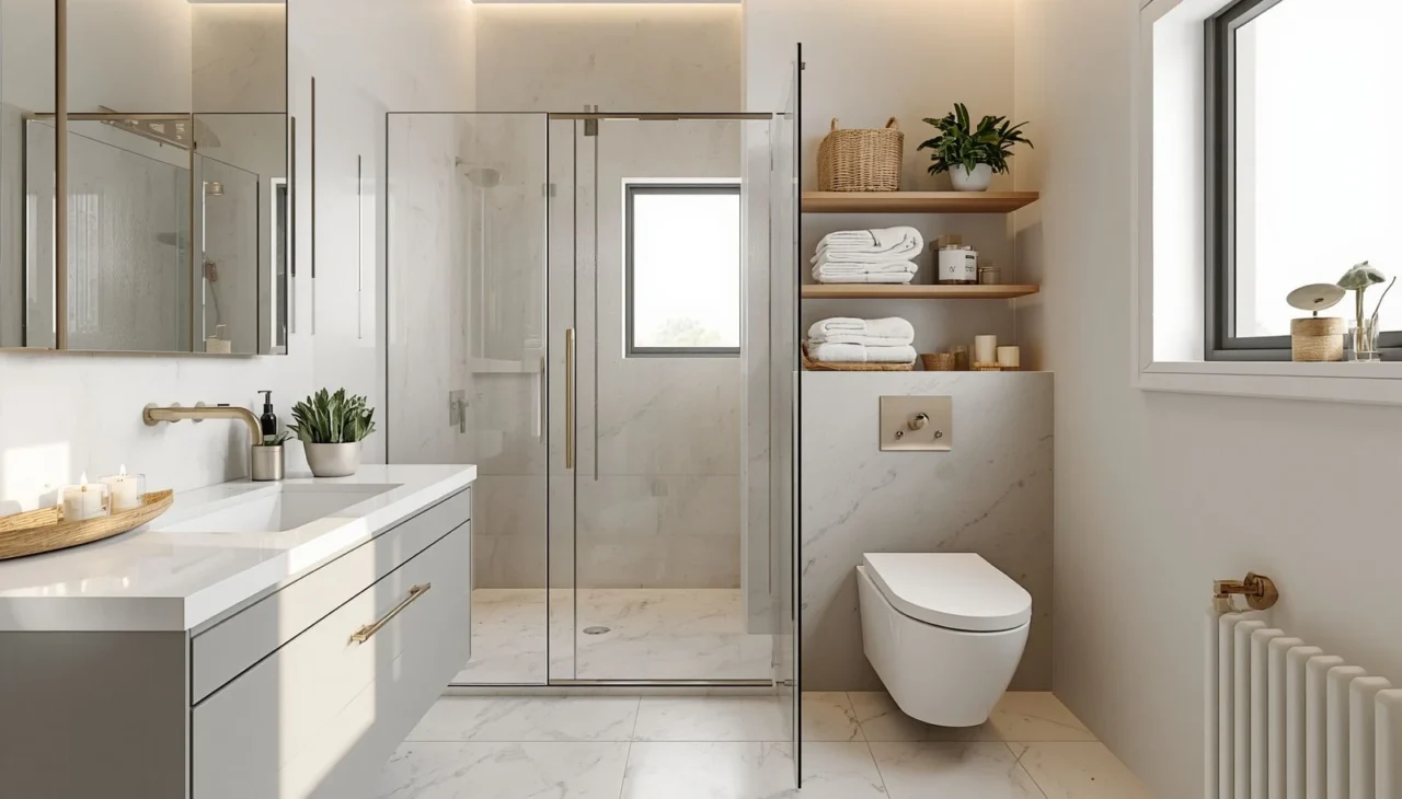 Frameless glass shower enclosure with sleek fixtures