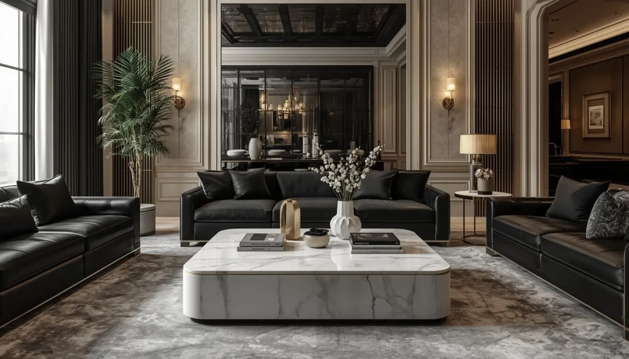 Black and gold living room ideas with a white marble coffee table and premium gold décor
