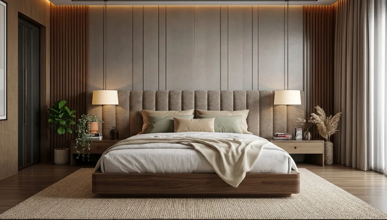 Modern master bedroom with indoor plants and natural wood accents for a relaxing Dubai home interior
