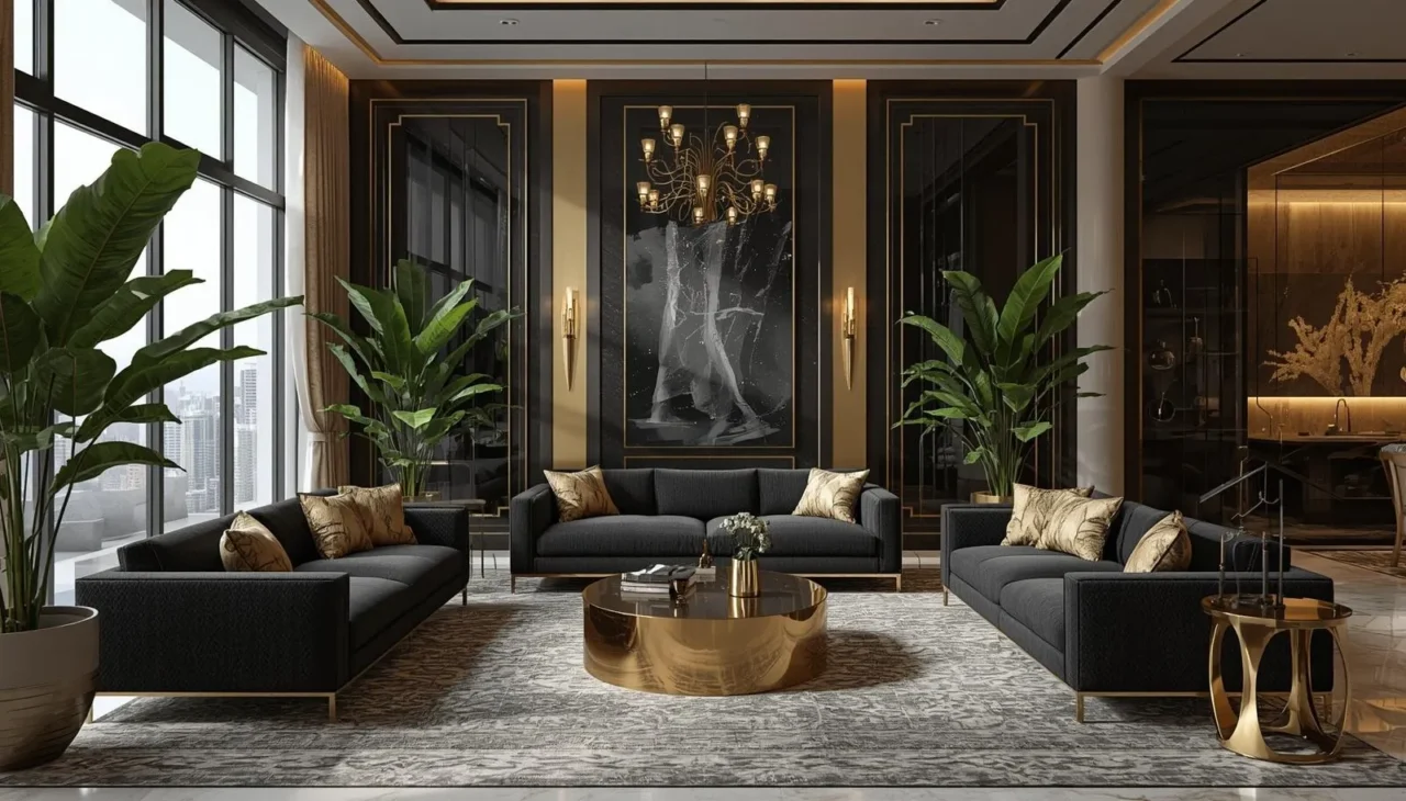 Black and gold living room ideas with indoor plants creating a fresh and luxurious atmosphere