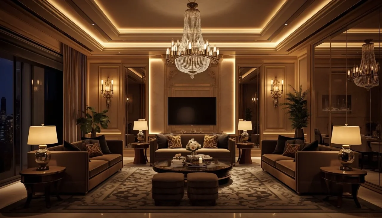 Elegant living room illuminated with gold pendant lights and warm LED lighting