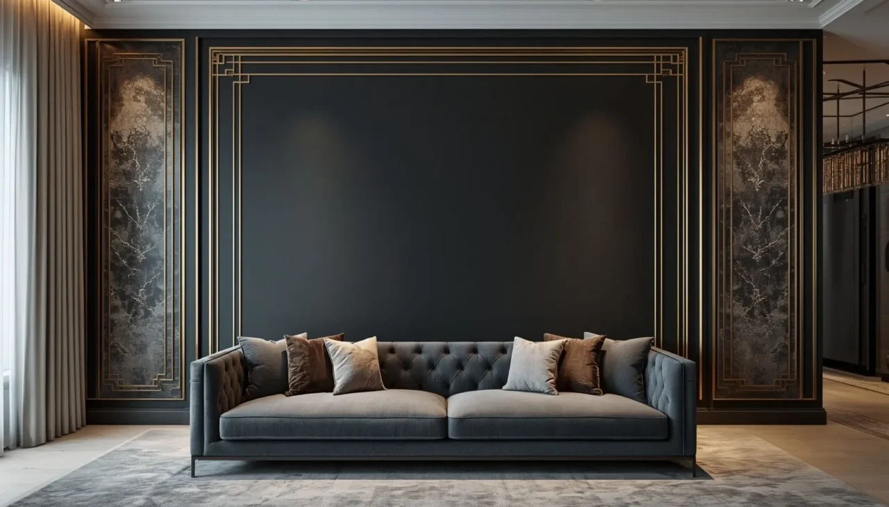 Luxury black accent wall with elegant gold panel detailing behind a modern sofa