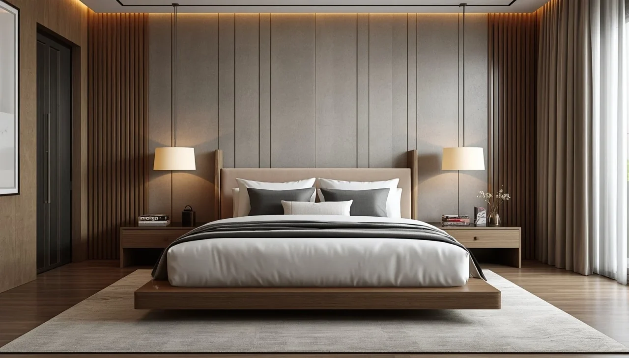 Modern bedroom with a luxury upholstered bed in a stylish master bedroom decor for a Dubai home