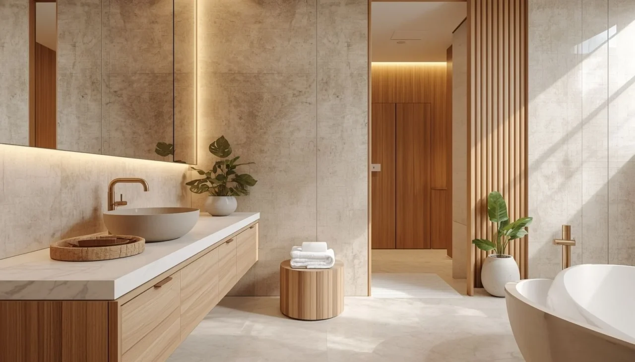 Modern bathroom with natural wood, stone finishes, and contemporary bathroom decor in a Dubai home
