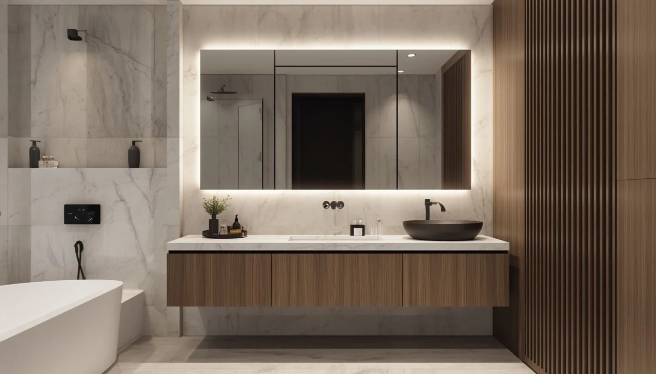 Modern bathroom interior with matching wash basin, vanity, mirror, and marble finishes in Dubai