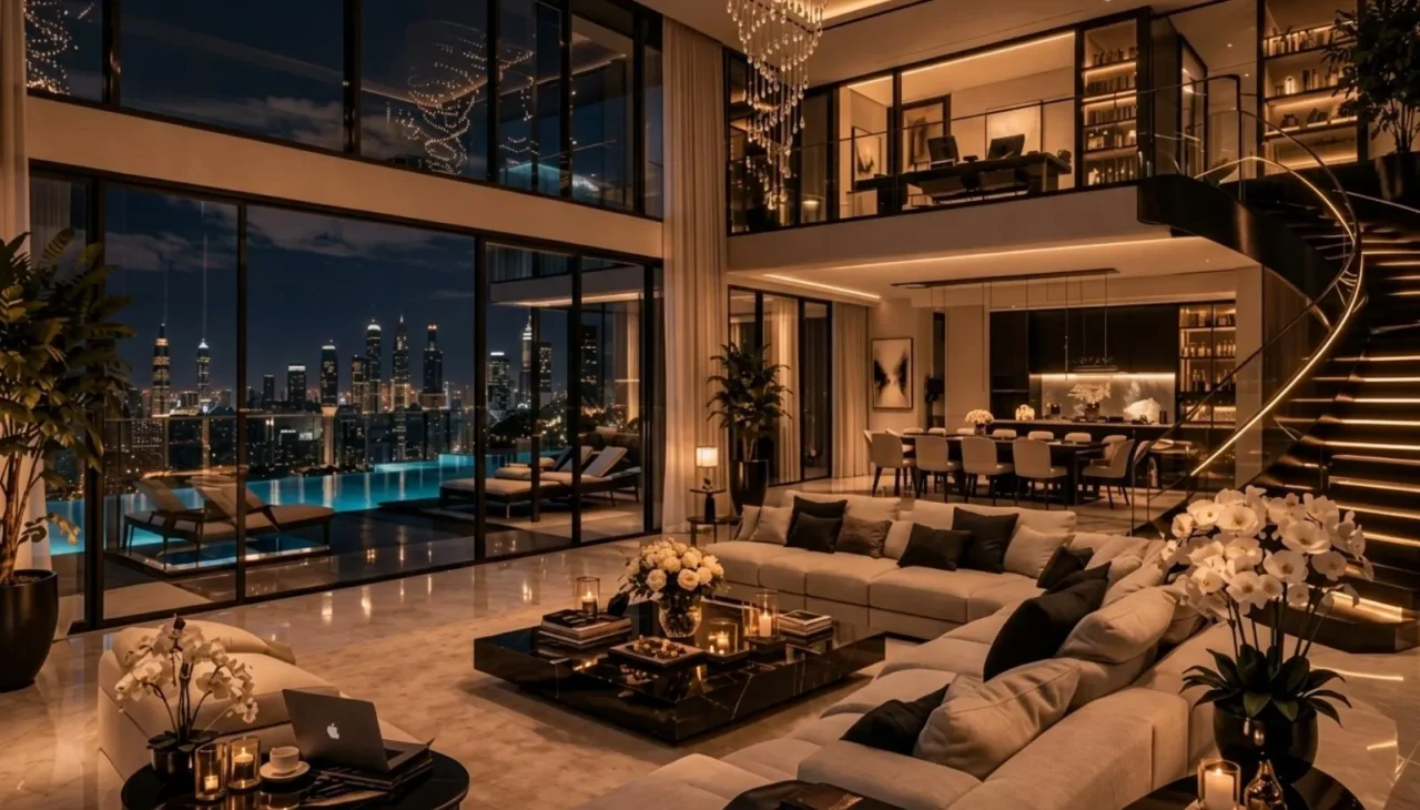Modern Dubai living room filled with natural light through large windows, highlighting timeless interior design and elegant finishes