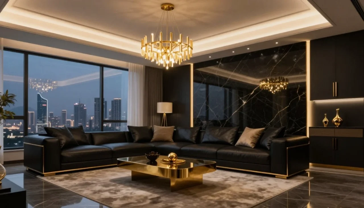 Luxury coffee table styling with candles, artwork, and decorative gold accessories