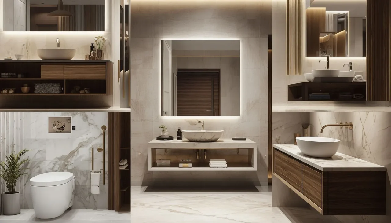 Popular interior wash basin designs including wall-mounted, countertop, marble, and floating vanity basins in Dubai homes