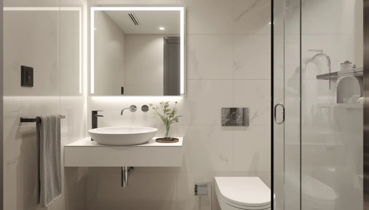 Wall-mounted wash basin design in a compact modern Dubai bathroom with floating vanity and hidden plumbing