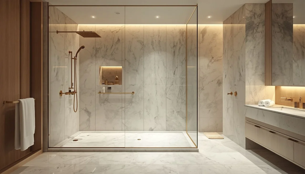 Luxury walk-in shower with glass enclosure and premium fixtures in a modern Dubai bathroom